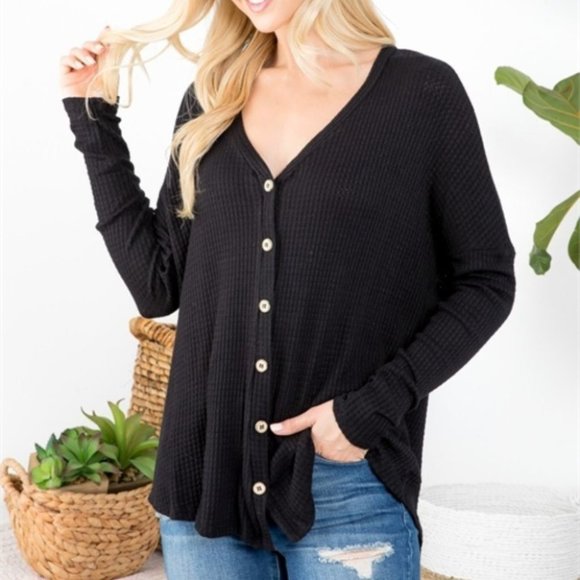 BLACK CASUAL BUTTON DETAIL LONG SLEEVE TOP - Picture 5 of 8
